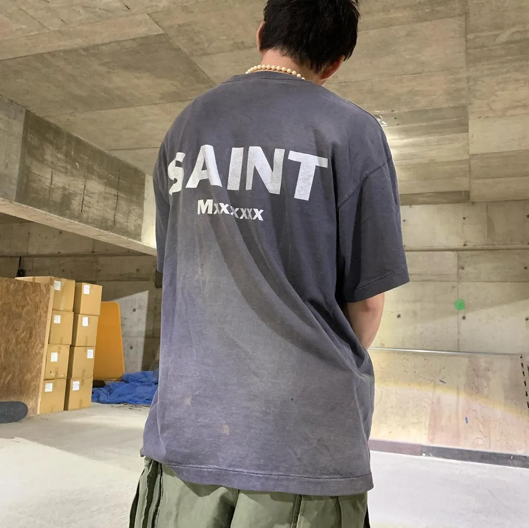 SAINT Mxxxxxx × EVANGELION NEON GNSIS TEE/BLK co-branded Neon Genesis Evangelion distressed short-sleeves, washed black S-XL, vintage NEW VINTAGE, top printing technology, garment dyeing, re-washed, distressed, correct co-branded main mark/washing mark
